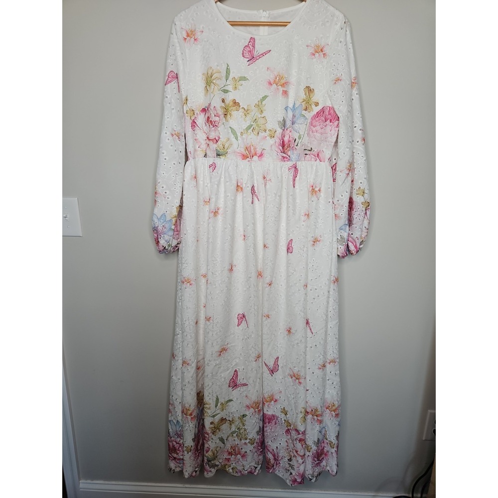 Shein Modely Dress Women XL White Floral Butterfly Maxi Eyelet Cottage Prairie
